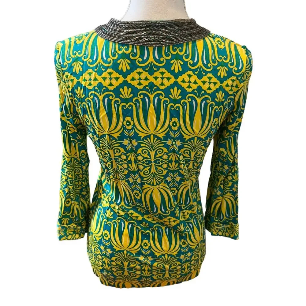 Tory Burch Silk Tunic Top Beaded Embellished neckline Green Yellow XS